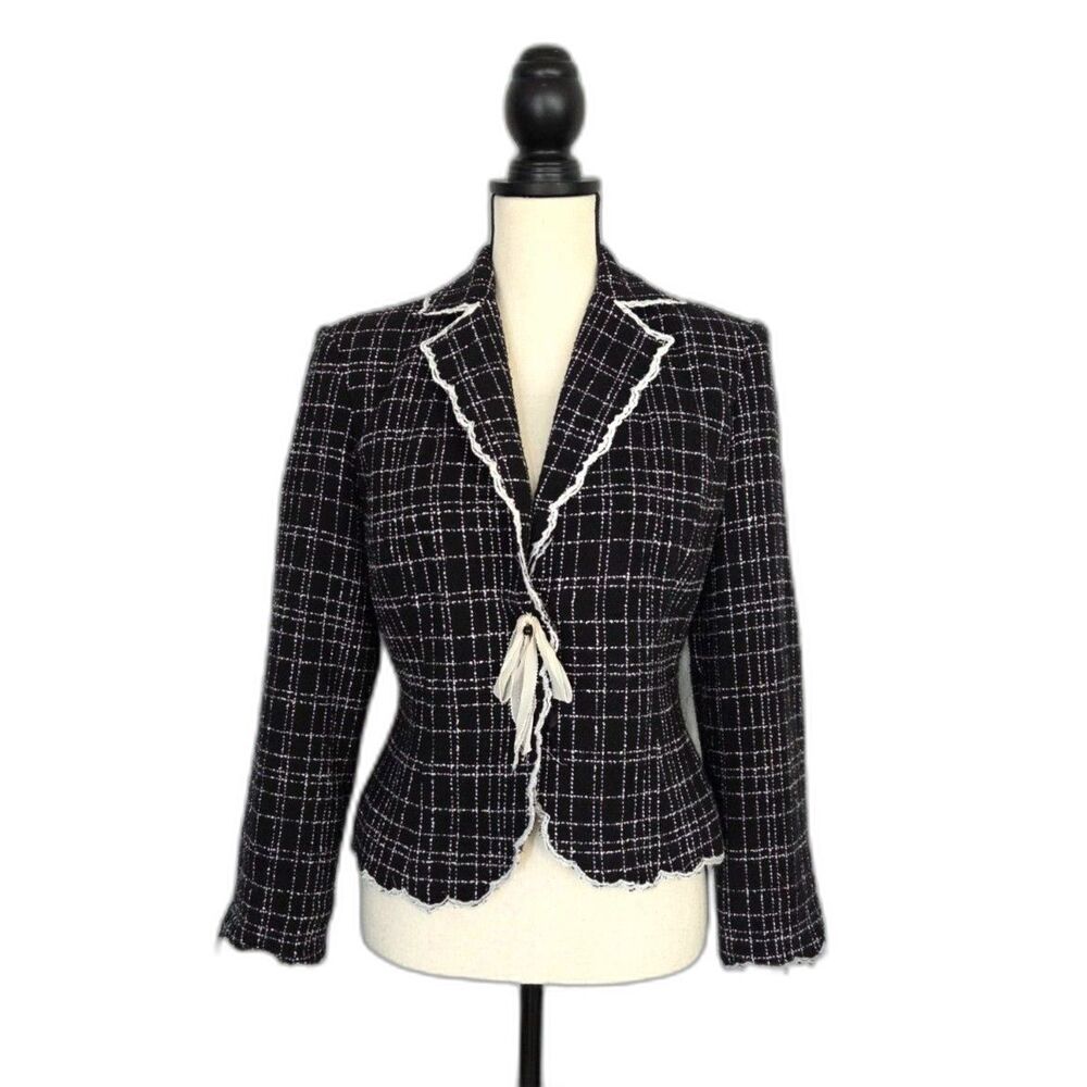 VTG Vision Apparel Silk Blend Black White Tweed Blazer Scalloped Trim Sz 6
